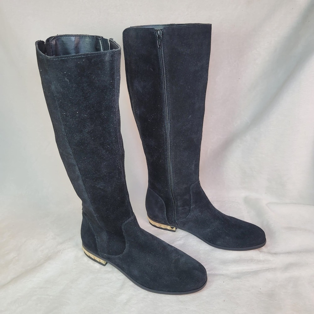 Renvy Suede KNEE HIGH Black Diamond Cut Heel Boots Size 7M Whimsgoth Equestrian‎